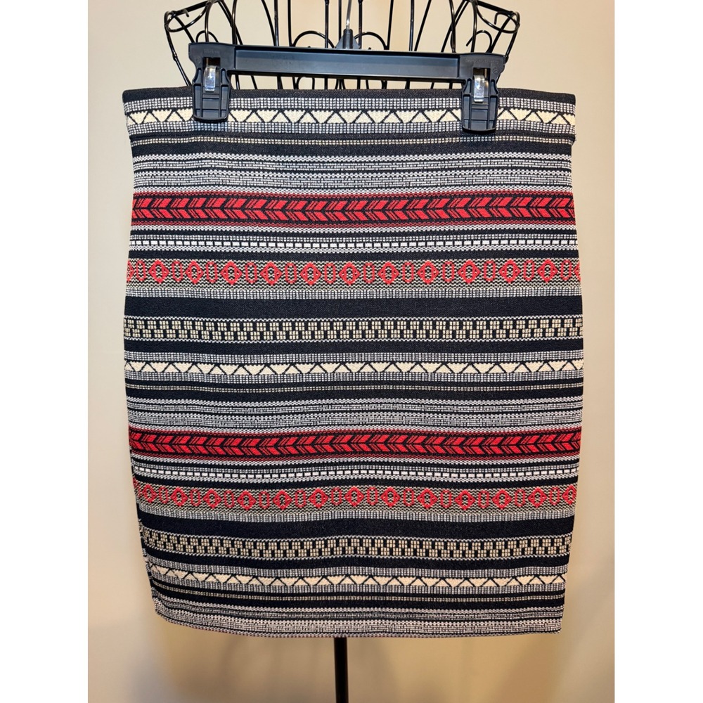 Geometric Tribal Print Knit Mini Skirt Black Red White Patterned Bodycon